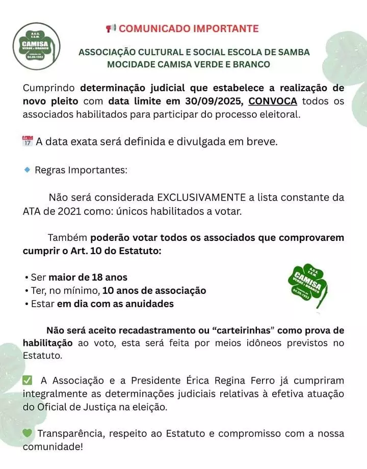 CAMISA VERDE E BRANCO EMITE NOTA SOBRE SITUAÇÃO E ELEIÇÃO DA ESCOLA